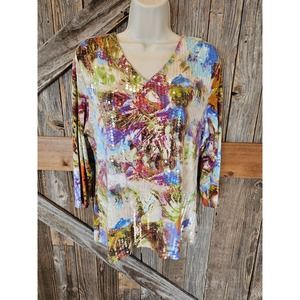 Kaktus women viscose sequin shiny blouse colorful career casual  L ^